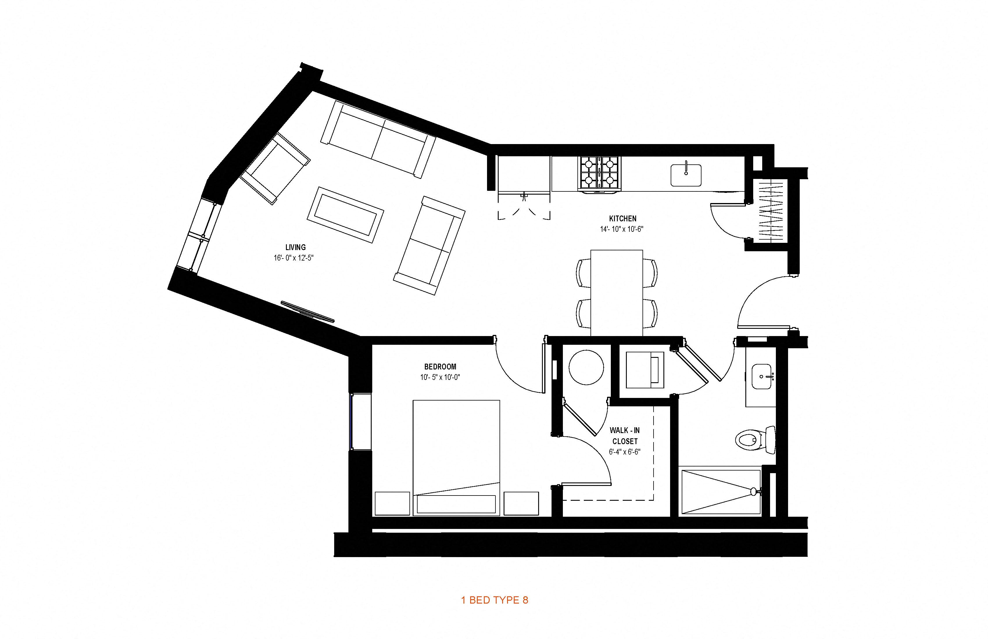 Floor plan for 1 bed, 1 bath, 678 sqft